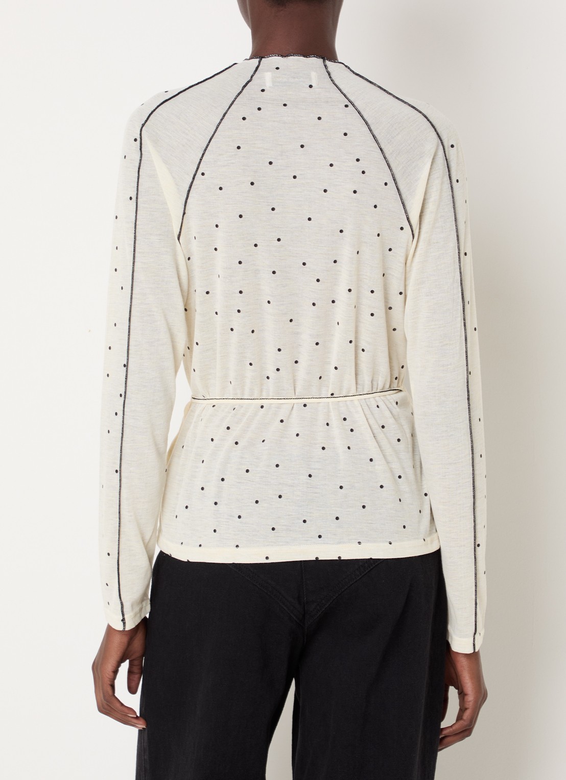 Laagam Harper semi-transparante longsleeve met stippenprint en ceintuur - achterkant 3 gebroken wit