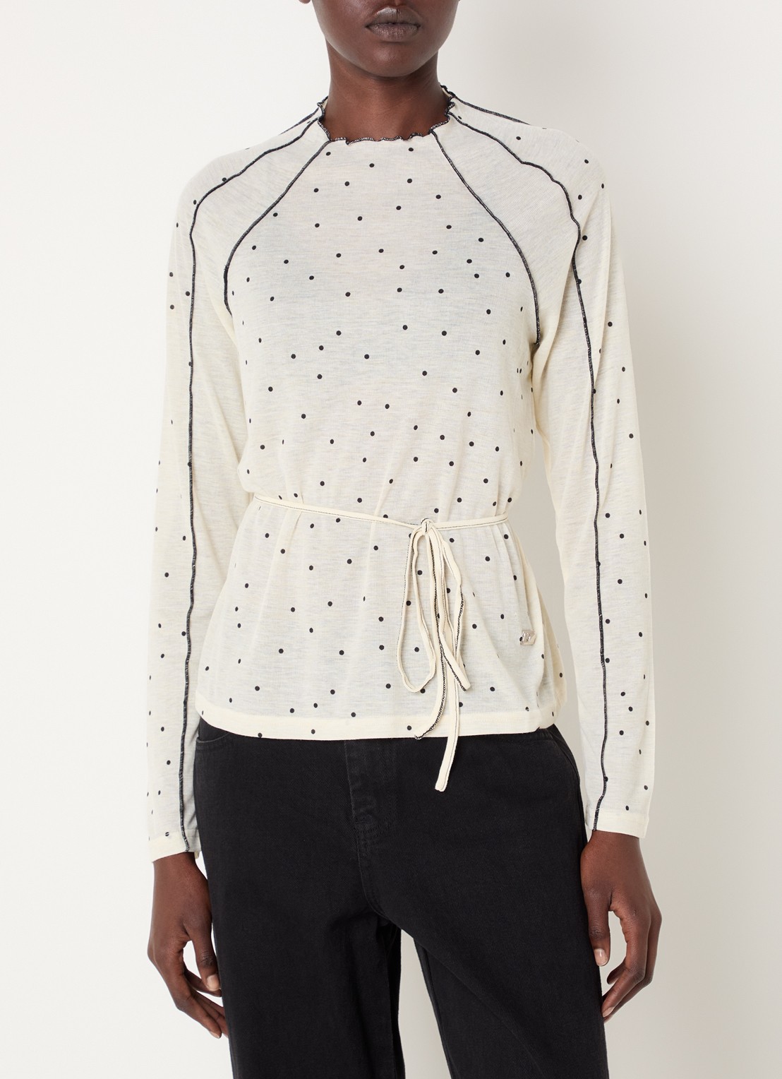 Laagam Harper semi-transparante longsleeve met stippenprint en ceintuur - detail 4 gebroken wit