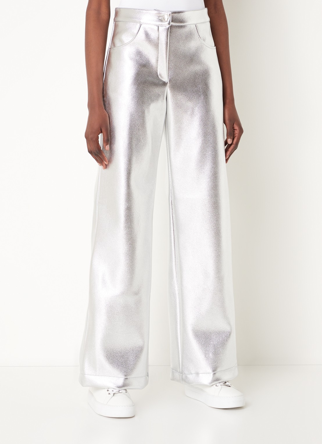 Laagam High waist wide fit broek van imitatieleer met metallic finish - detail 4 zilver