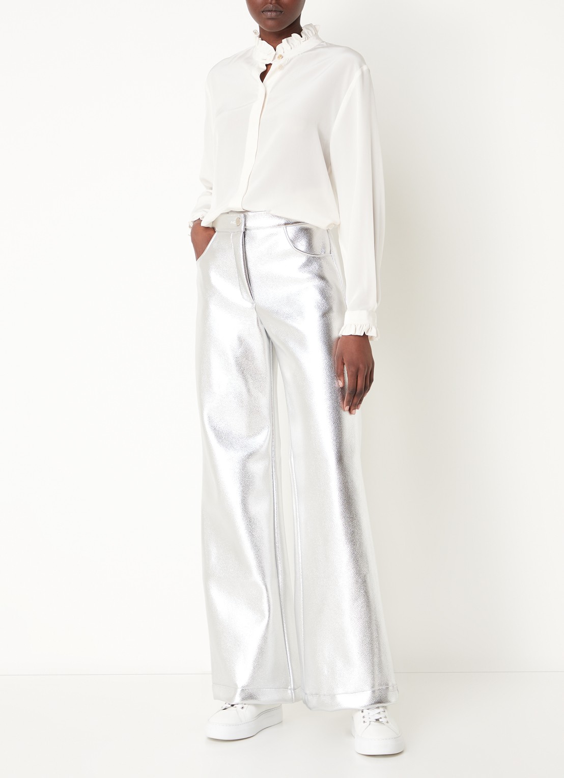 Laagam High waist wide fit broek van imitatieleer met metallic finish - voorkant 3 zilver