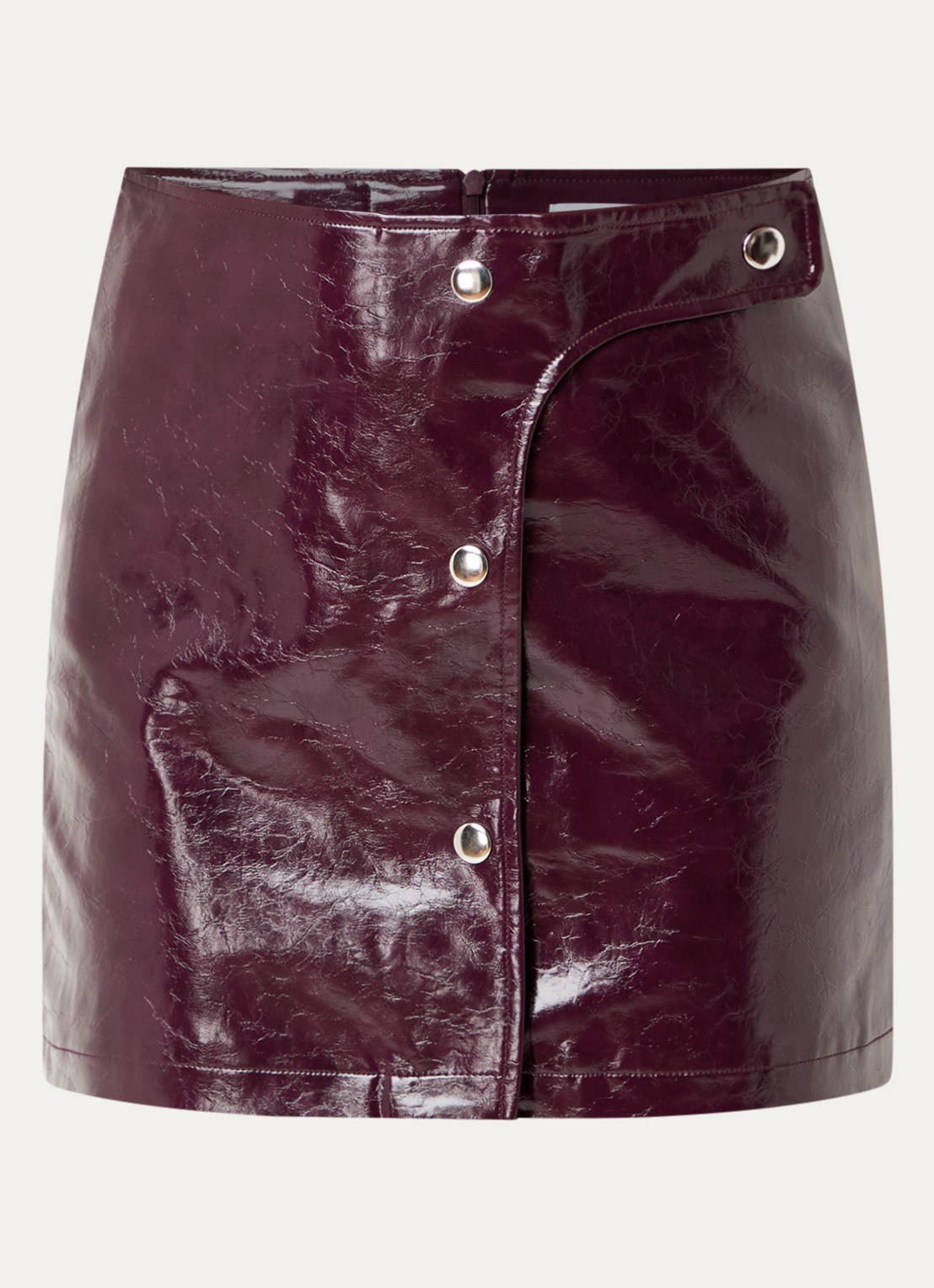 Laagam Lena minirok van imitatieleer met sierknopen - voorkant aubergine
