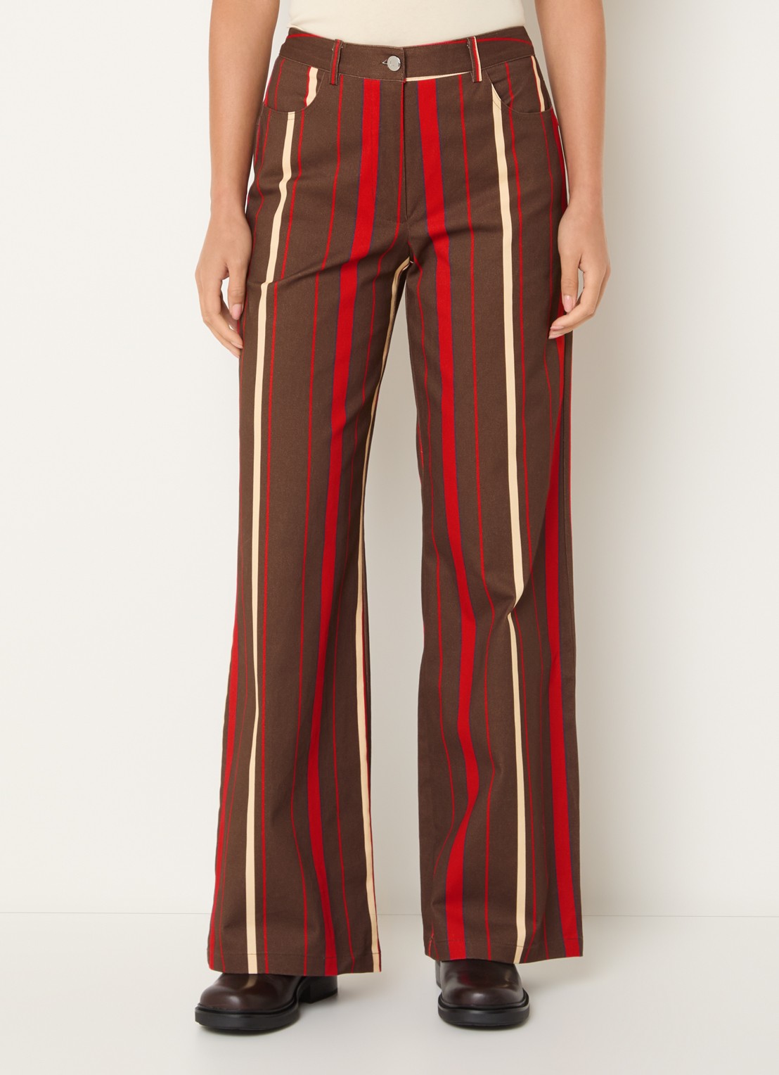 Laagam Leroy high waist straight fit broek met streepprint - detail 3 bruin