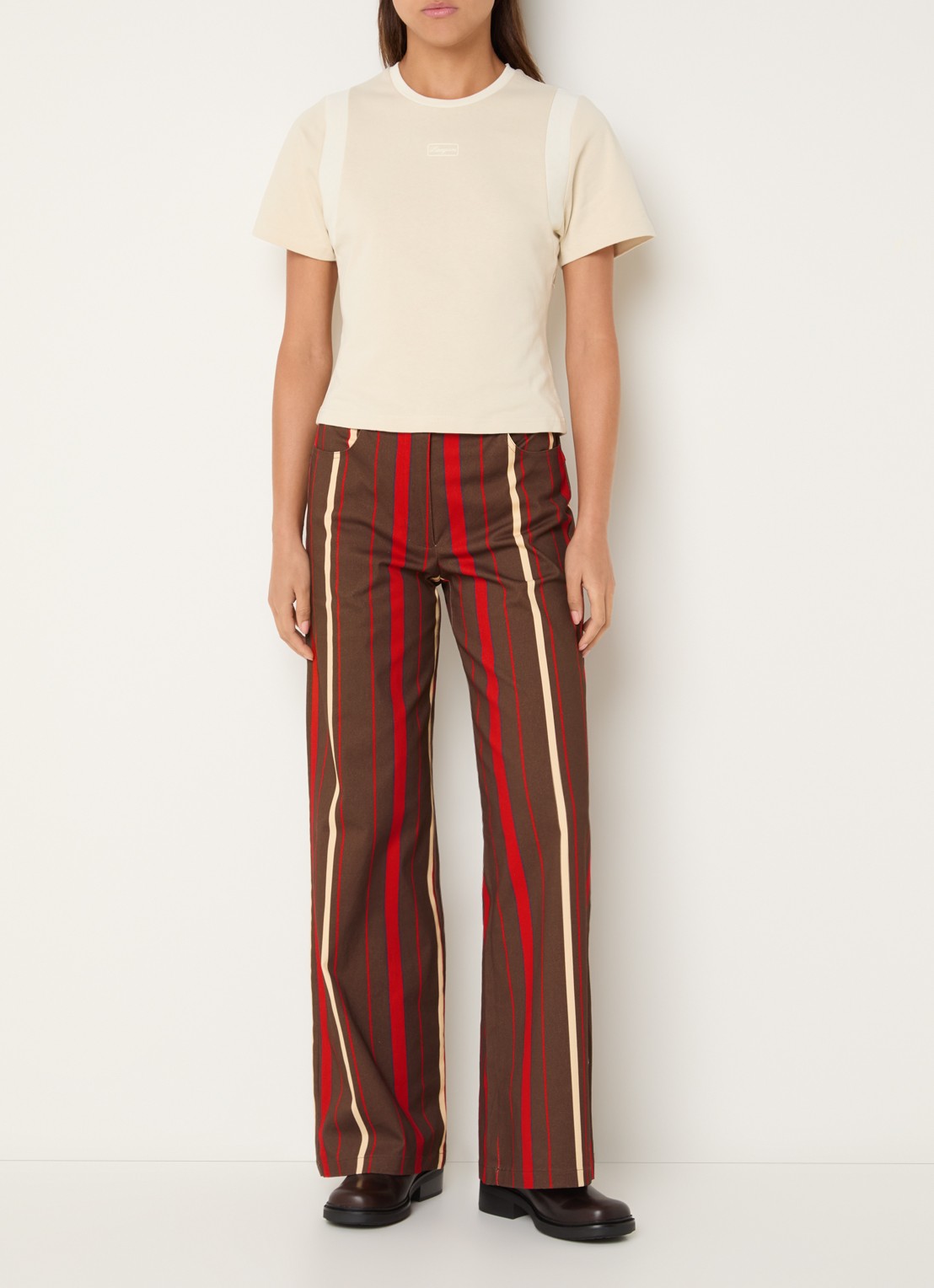 Laagam Leroy high waist straight fit broek met streepprint - voorkant 2 bruin