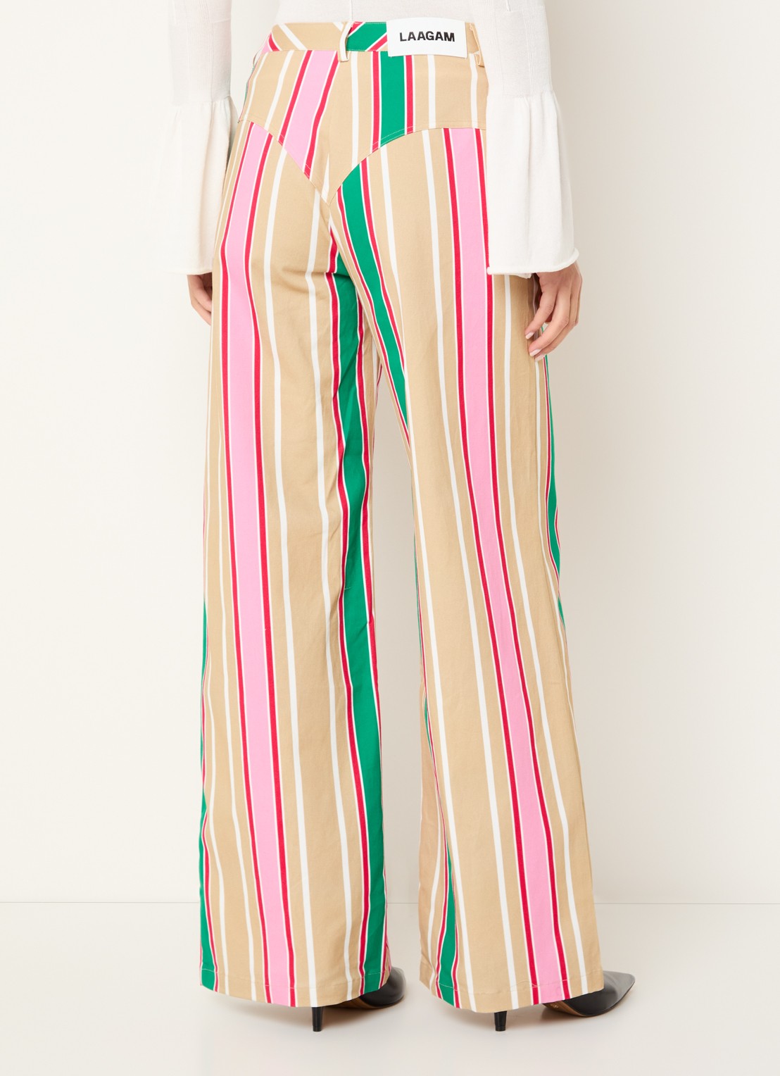 Laagam Leroy mid waist straight fit broek met streepprint - achterkant 4 beige