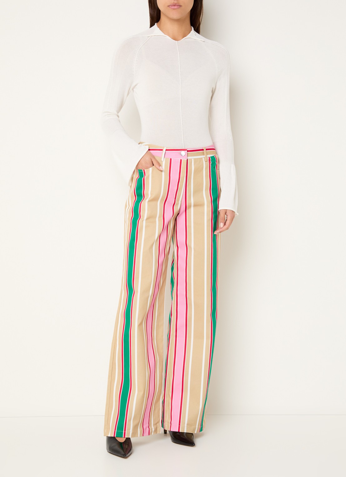 Laagam Leroy mid waist straight fit broek met streepprint - voorkant 2 beige