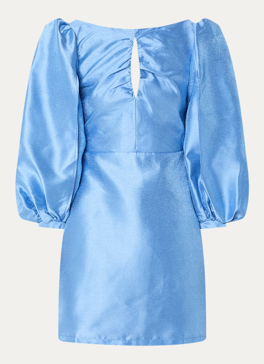 Laagam Liza mini jurk met cut-out detail en pofmouw - voorkant 3 blauwgrijs