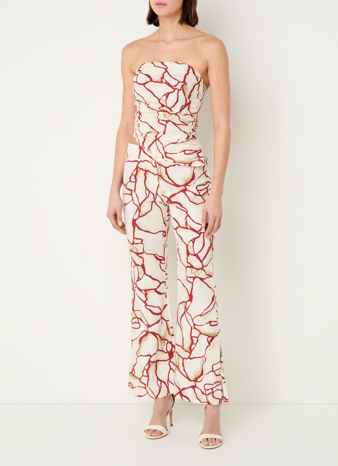 Laagam Nikita high waist flared fit pantalon in linnenblend met print - voorkant 4 beige