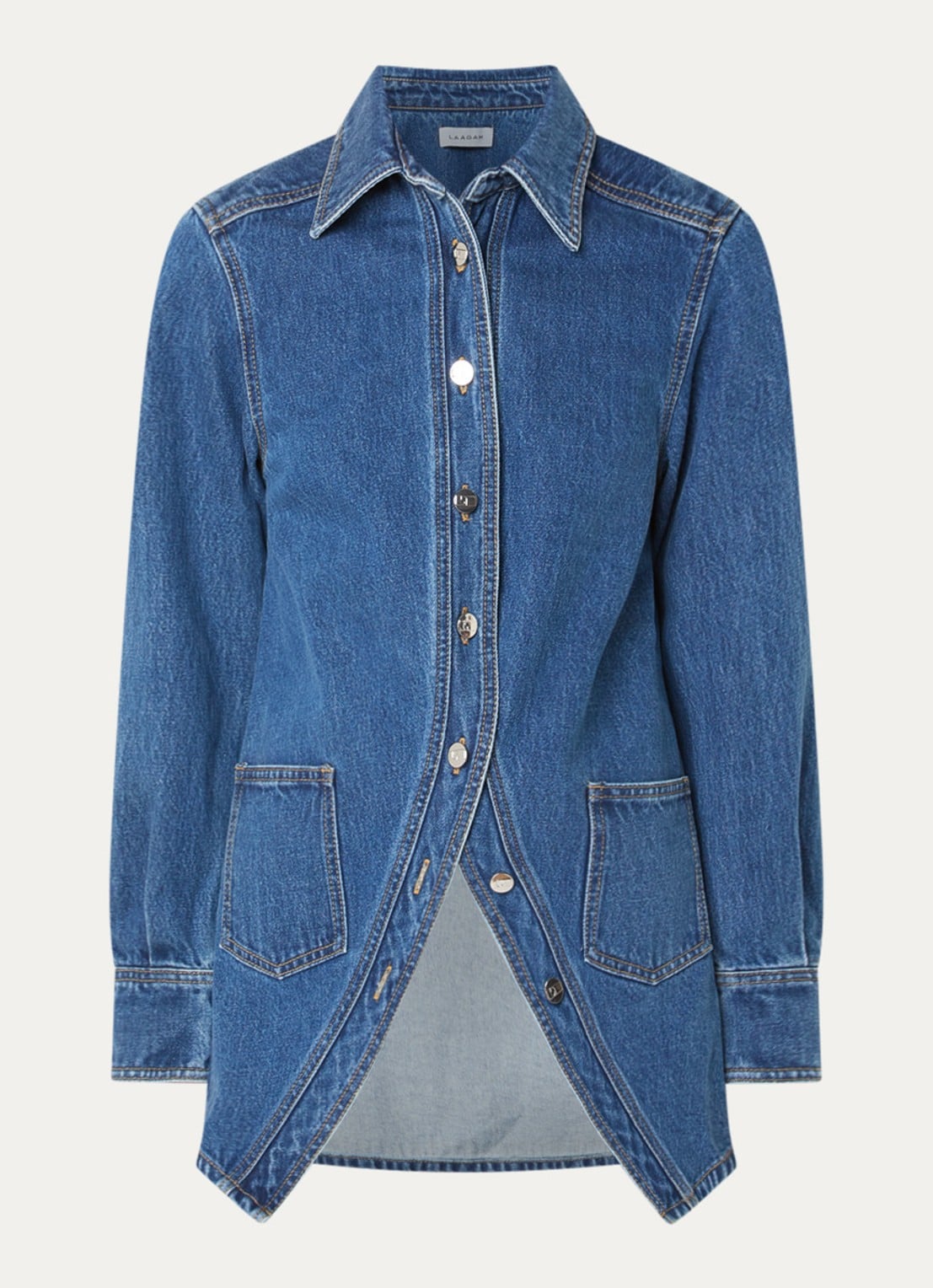 Laagam No Boyfriend blouse van denim met opgestikte zakken - voorkant indigo