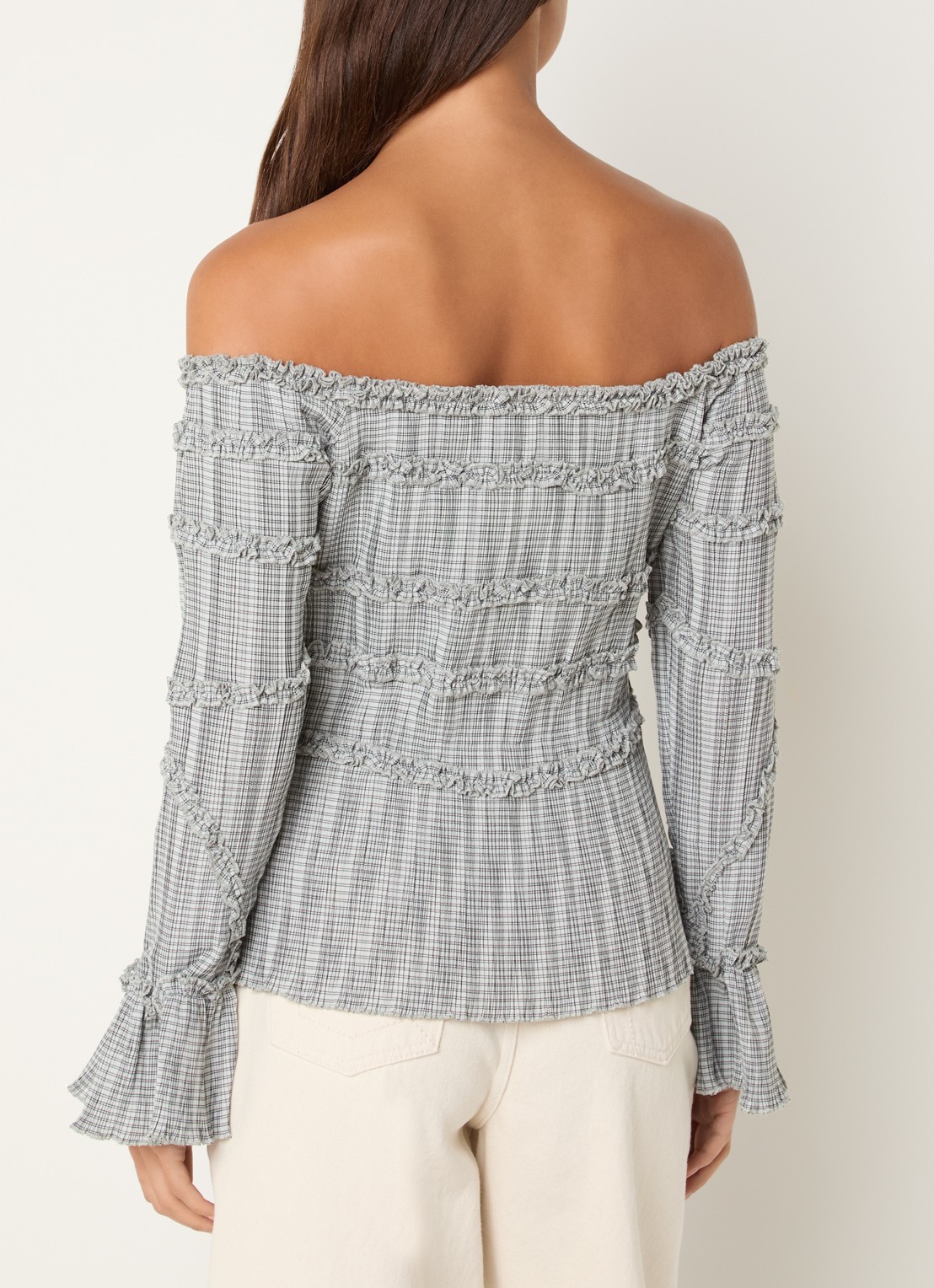 Laagam Petra off shoulder top met ruitdessin en volant - achterkant 4 grijs