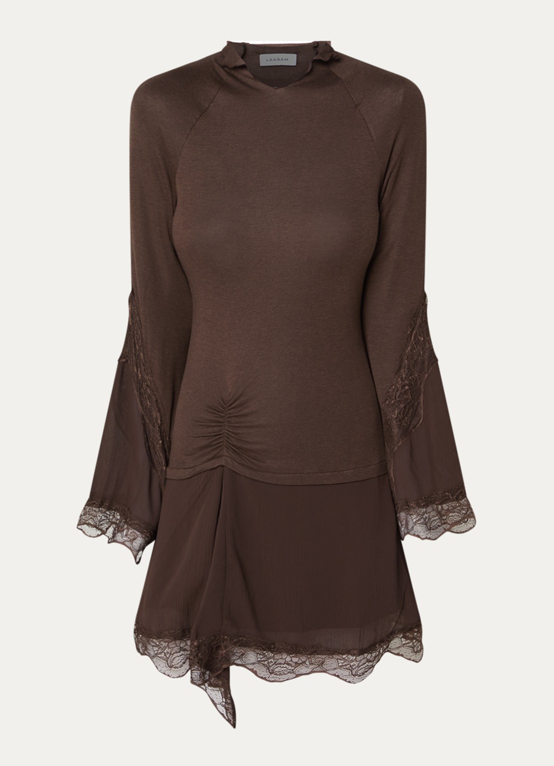 Laagam Siss mini jurk in wolblend met details van kant - voorkant donkerbruin