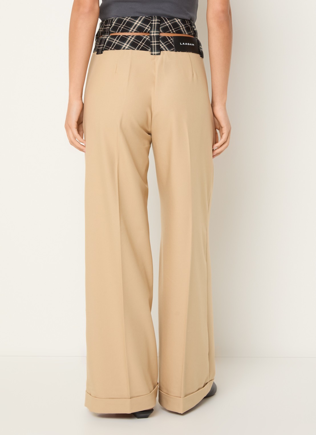 Laagam Smith high waist wide fit pantalon met ruitdessin - achterkant 2 zand