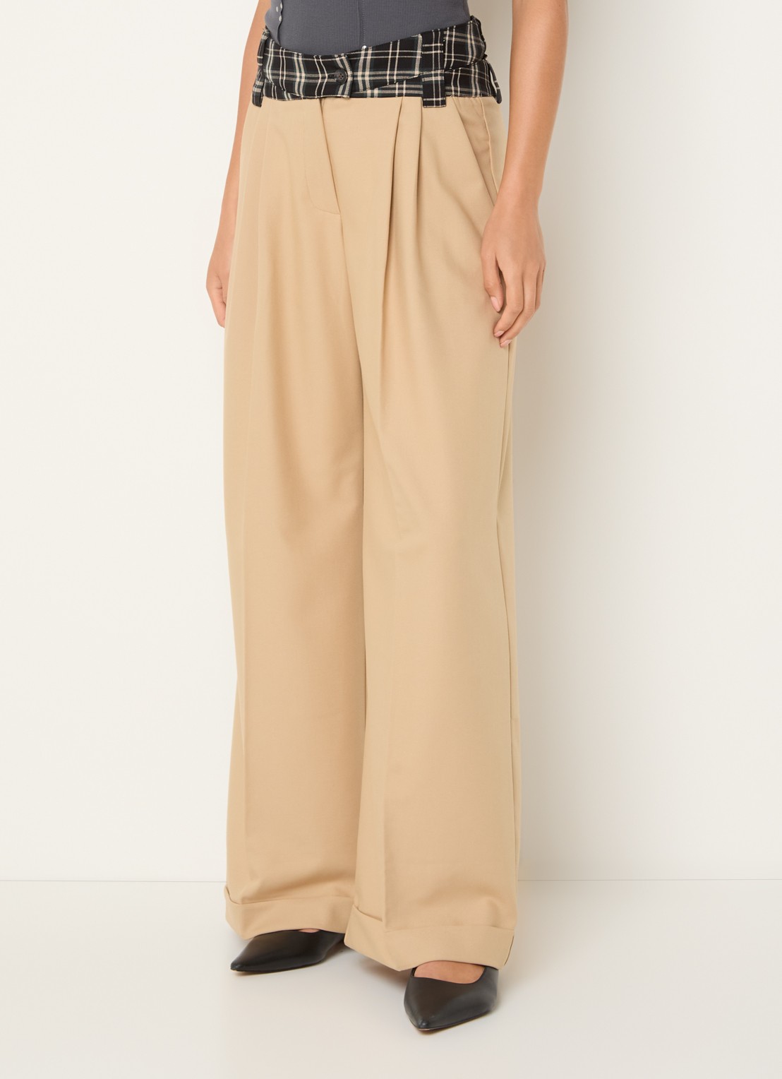 Laagam Smith high waist wide fit pantalon met ruitdessin - detail zand