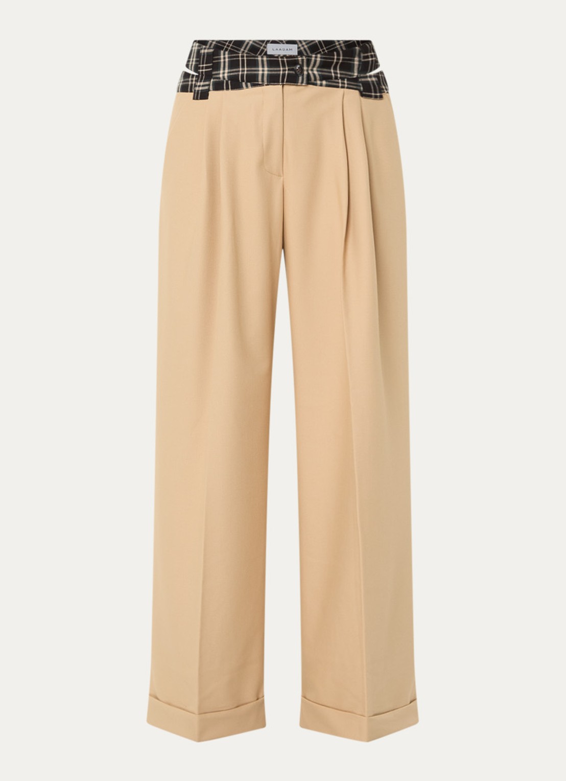 Laagam Smith high waist wide fit pantalon met ruitdessin - voorkant 3 zand