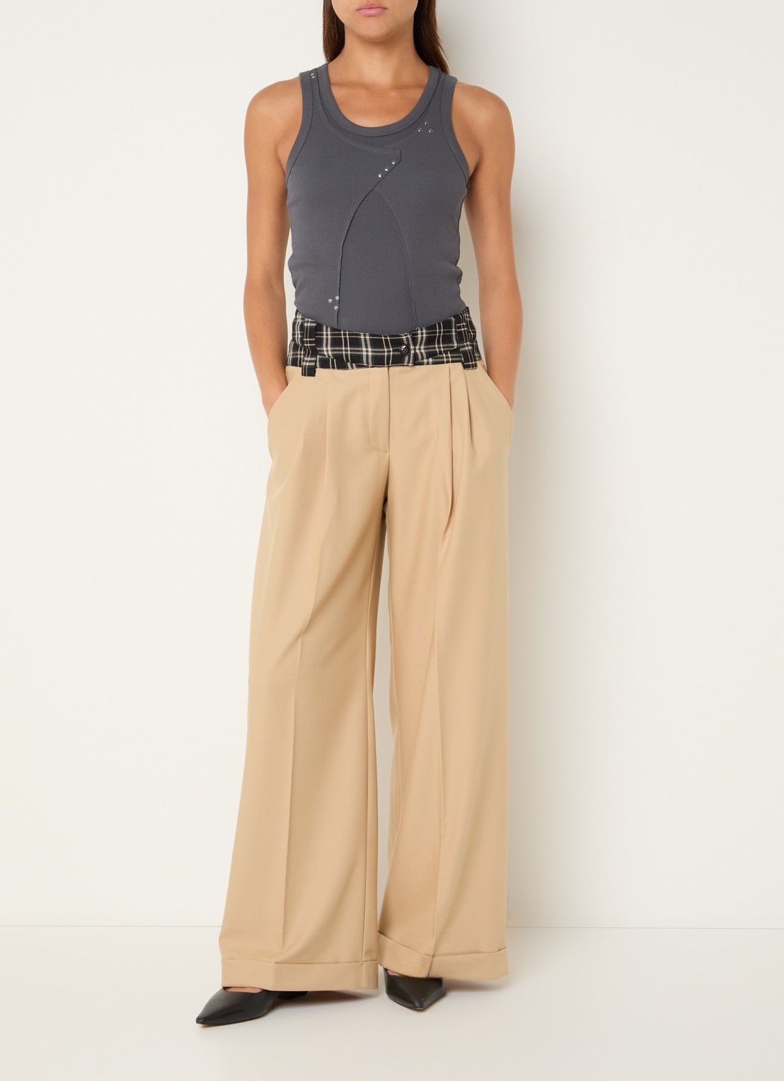 Laagam Smith high waist wide fit pantalon met ruitdessin - voorkant 4 zand
