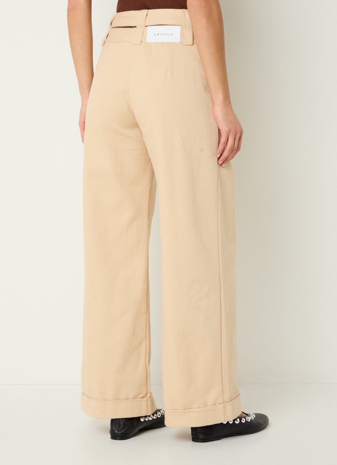 Laagam Smith high waist wide fit pantalon met steekzakken - achterkant 3 beige