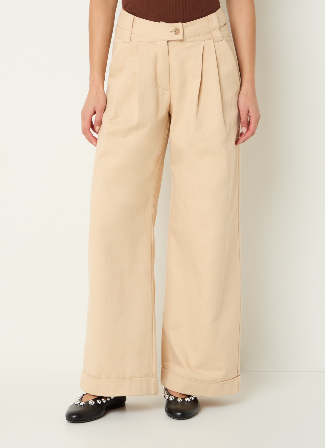 Laagam Smith high waist wide fit pantalon met steekzakken - detail 4 beige