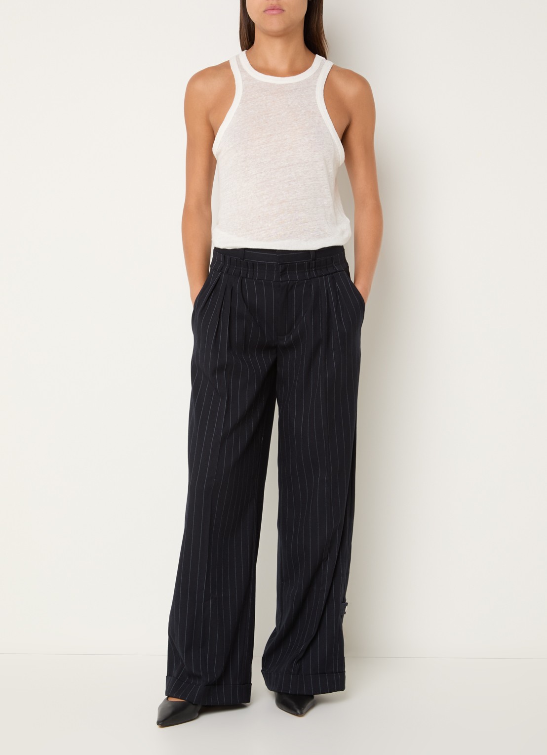 Laagam Stella high waist loose fit pantalon met krijtstreep - voorkant 3 donkerblauw