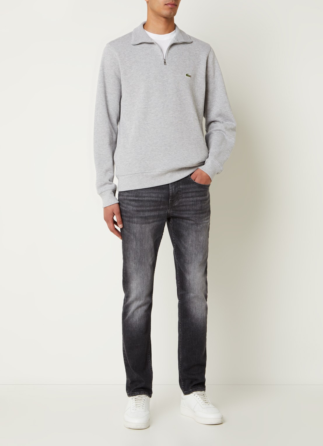 Lacoste Fijngebreide pullover met halve rits - voorkant 2 grijsmele