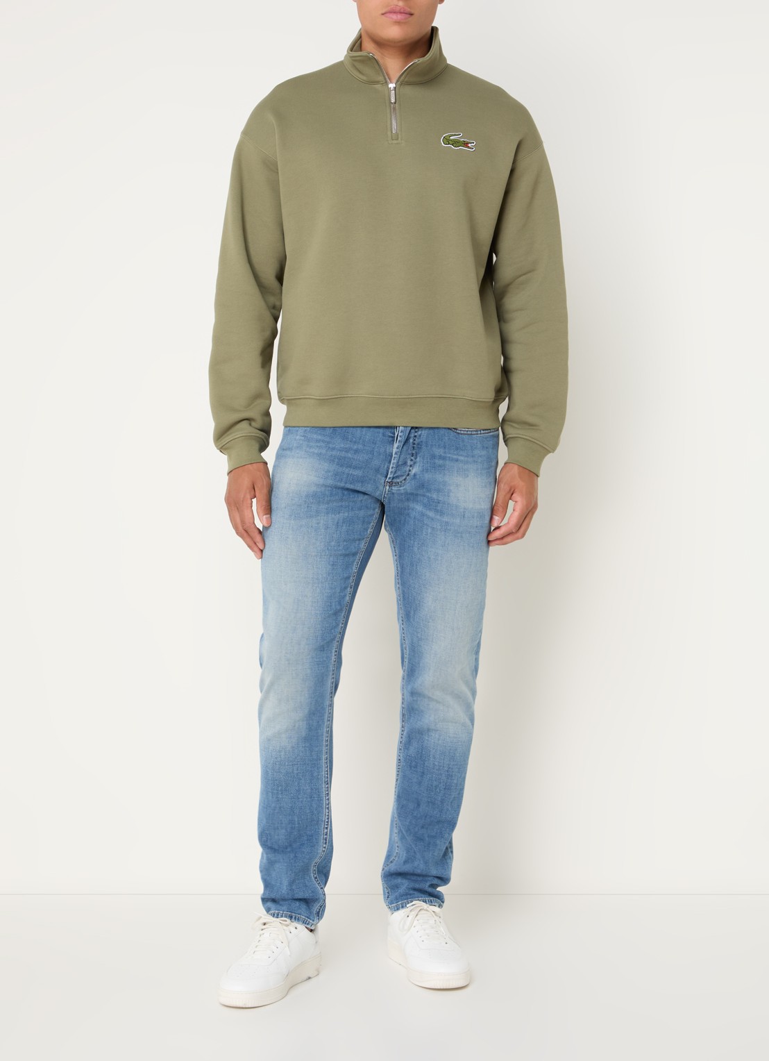 Lacoste Fijngebreide pullover met halve rits - voorkant 3 mosgroen