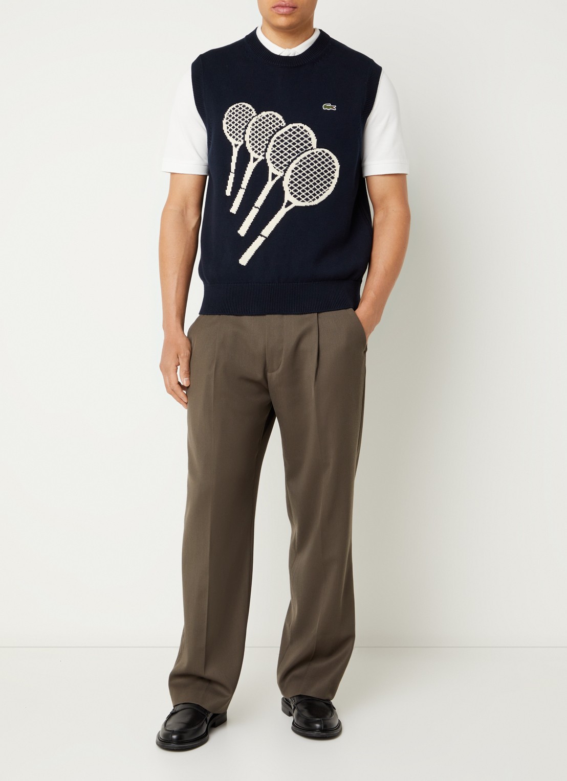 Lacoste Fijngebreide pullover met logo - voorkant 2 donkerblauw