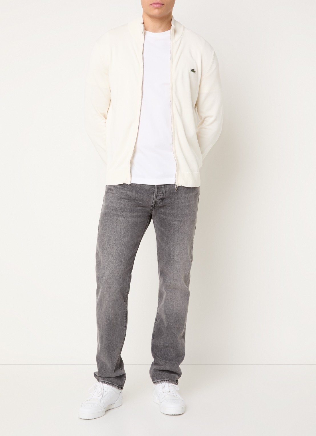 Lacoste Fijngebreide pullover met logo - voorkant 2 gebroken wit