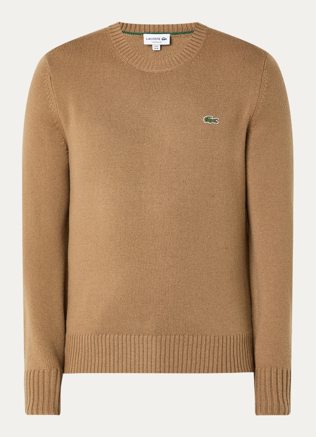 Lacoste Fijngebreide trui van wol met logo - voorkant zand