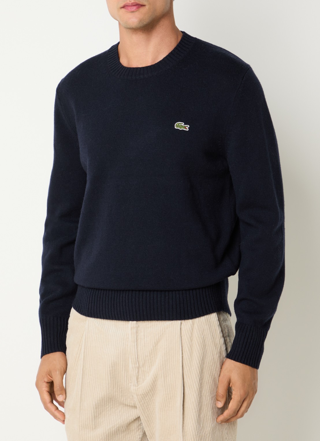 Lacoste Fijngebreide trui van wol  - detail donkerblauw