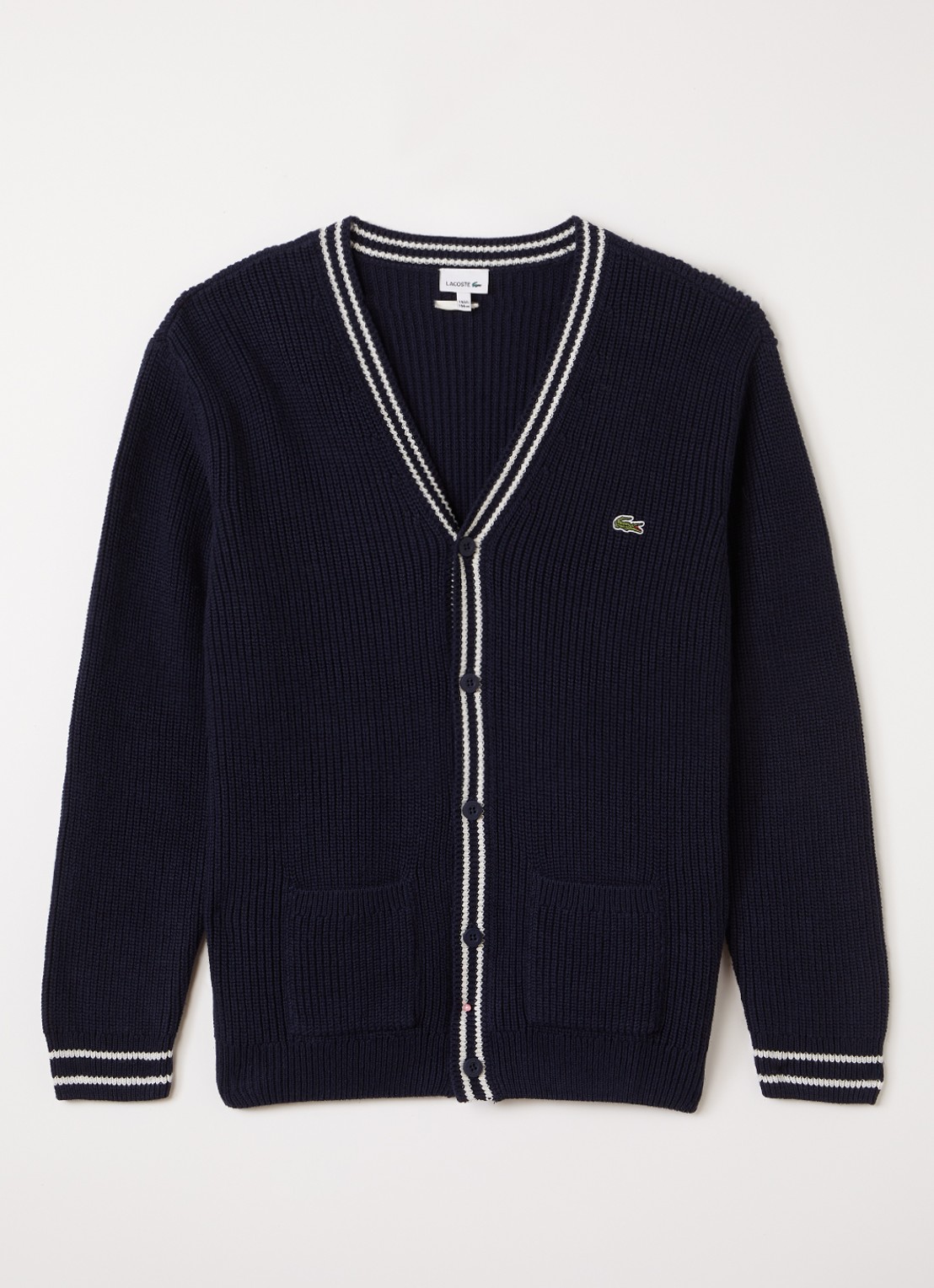Lacoste Grofgebreid vest in wolblend - voorkant 2 donkerblauw