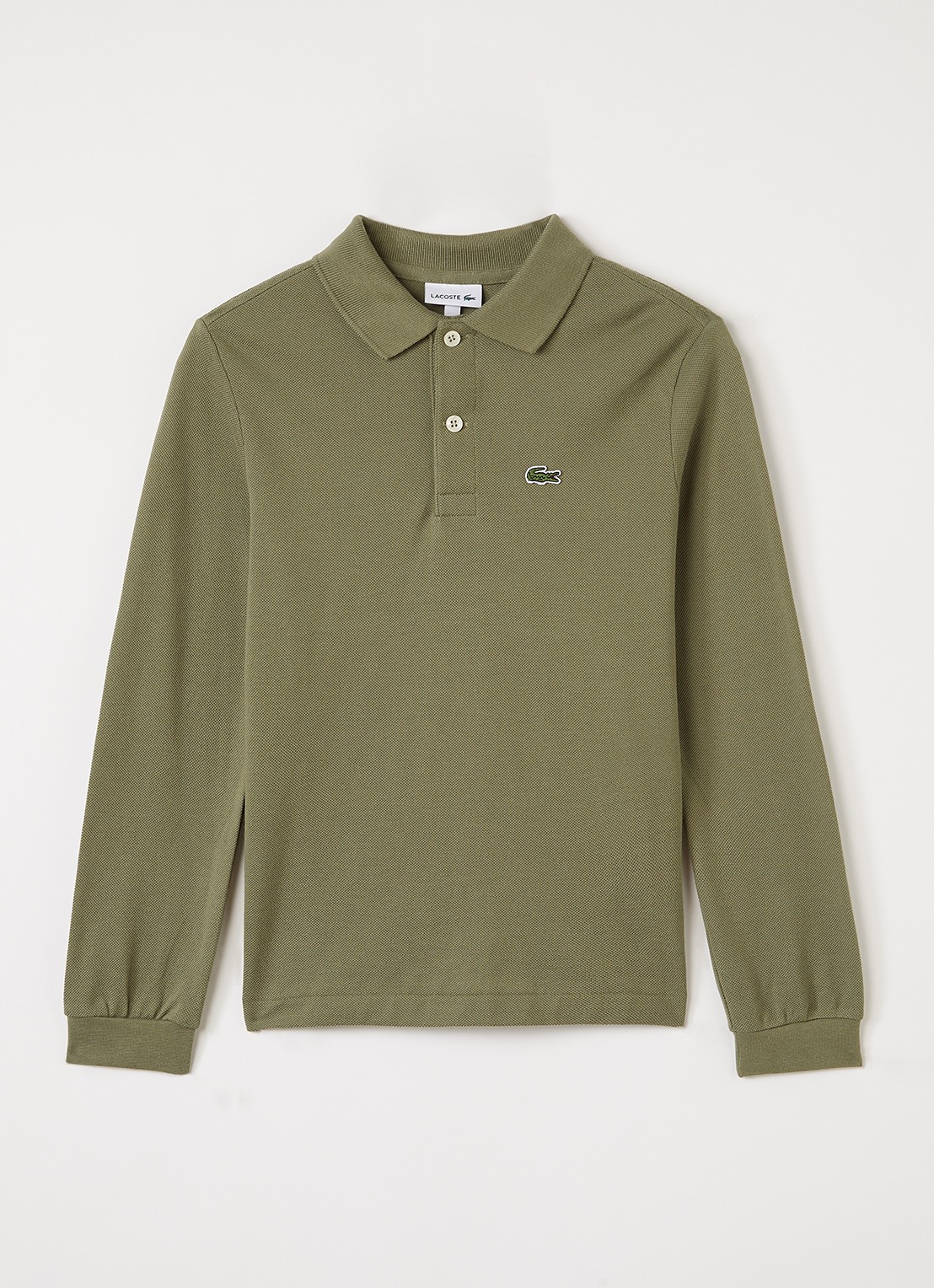 Lacoste Polo van piqué katoen met logoborduring - voorkant olijfgroen