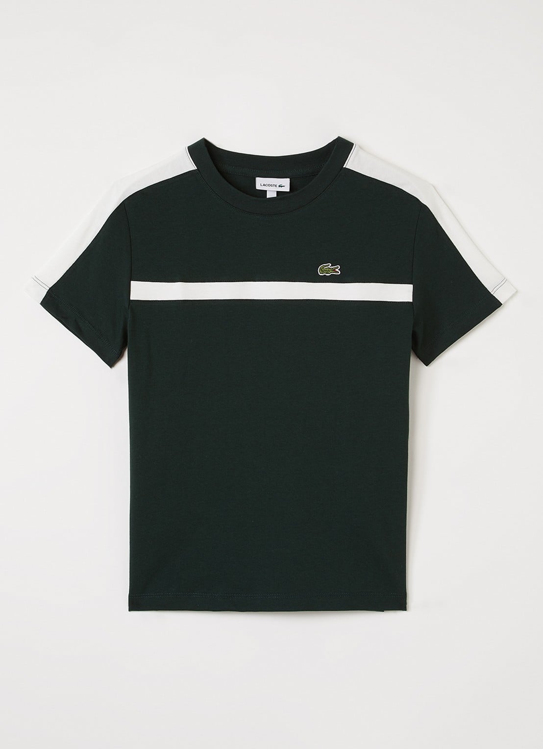 Lacoste T-shirt met streepprint en logoborduring - voorkant donkergroen