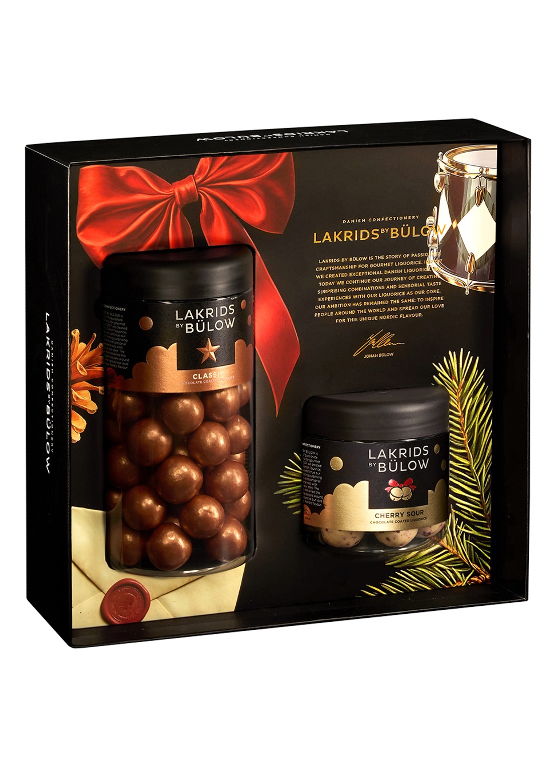 Lakrids by Bülow Classic & Cherry drop met chocolade in geschenkverpakking 385 gram - voorkant beige