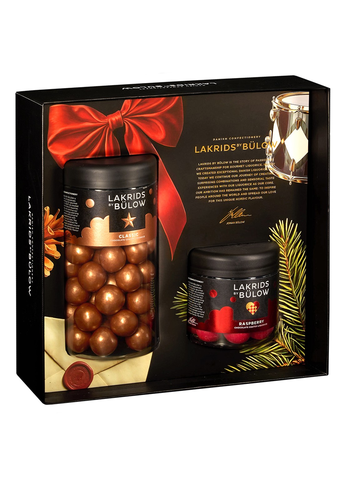 Lakrids by Bülow Classic & Raspberry drop met chocolade in geschenkverpakking 385 gram - voorkant beige