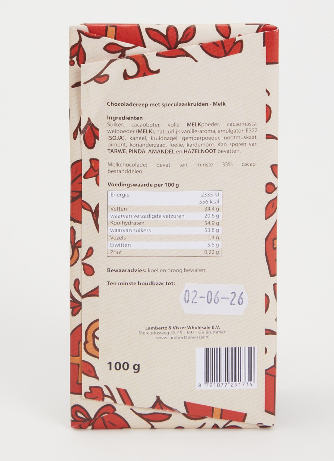 Lambertz & Visser Sinterklaas Speculaas chocoladereep 100 gram  - voorkant 2 rood