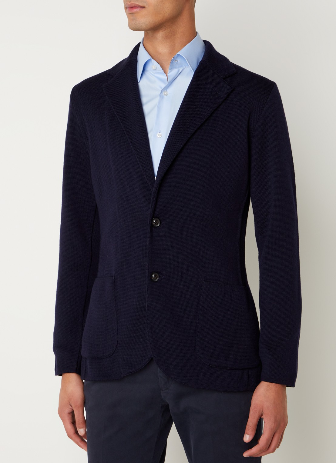 Lardini Fijngebreide slim fit colbert van wol met opgestikte zakken - detail 2 donkerblauw