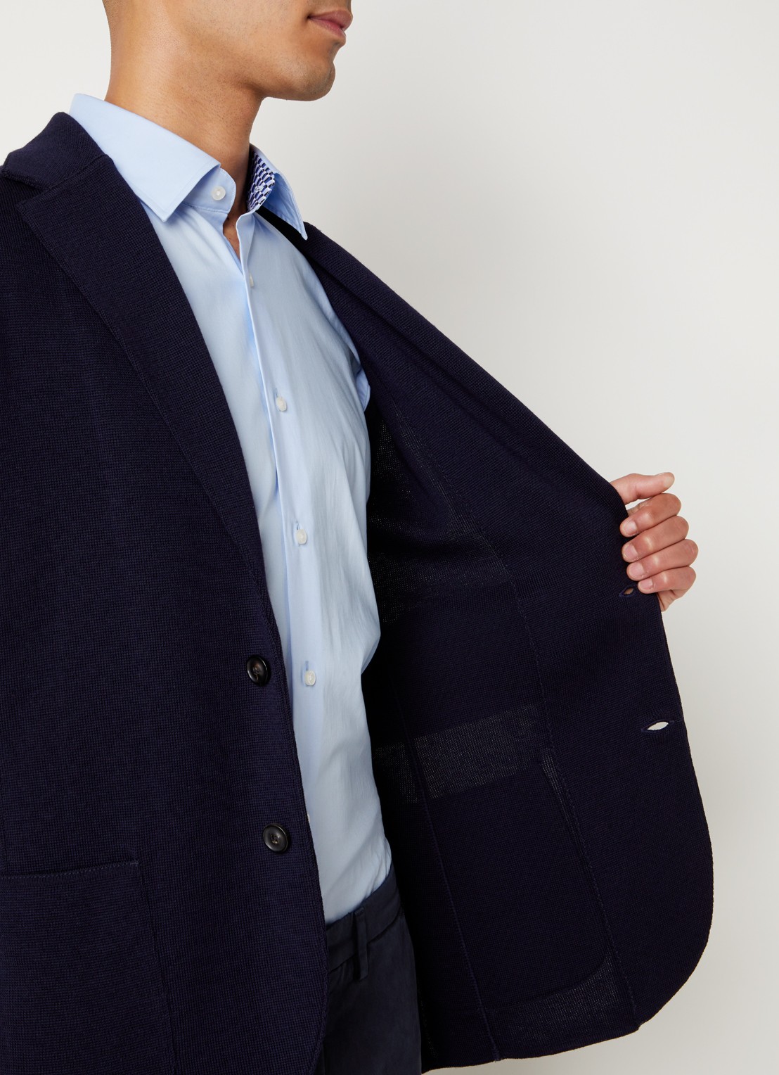 Lardini Fijngebreide slim fit colbert van wol met opgestikte zakken - detail 3 donkerblauw