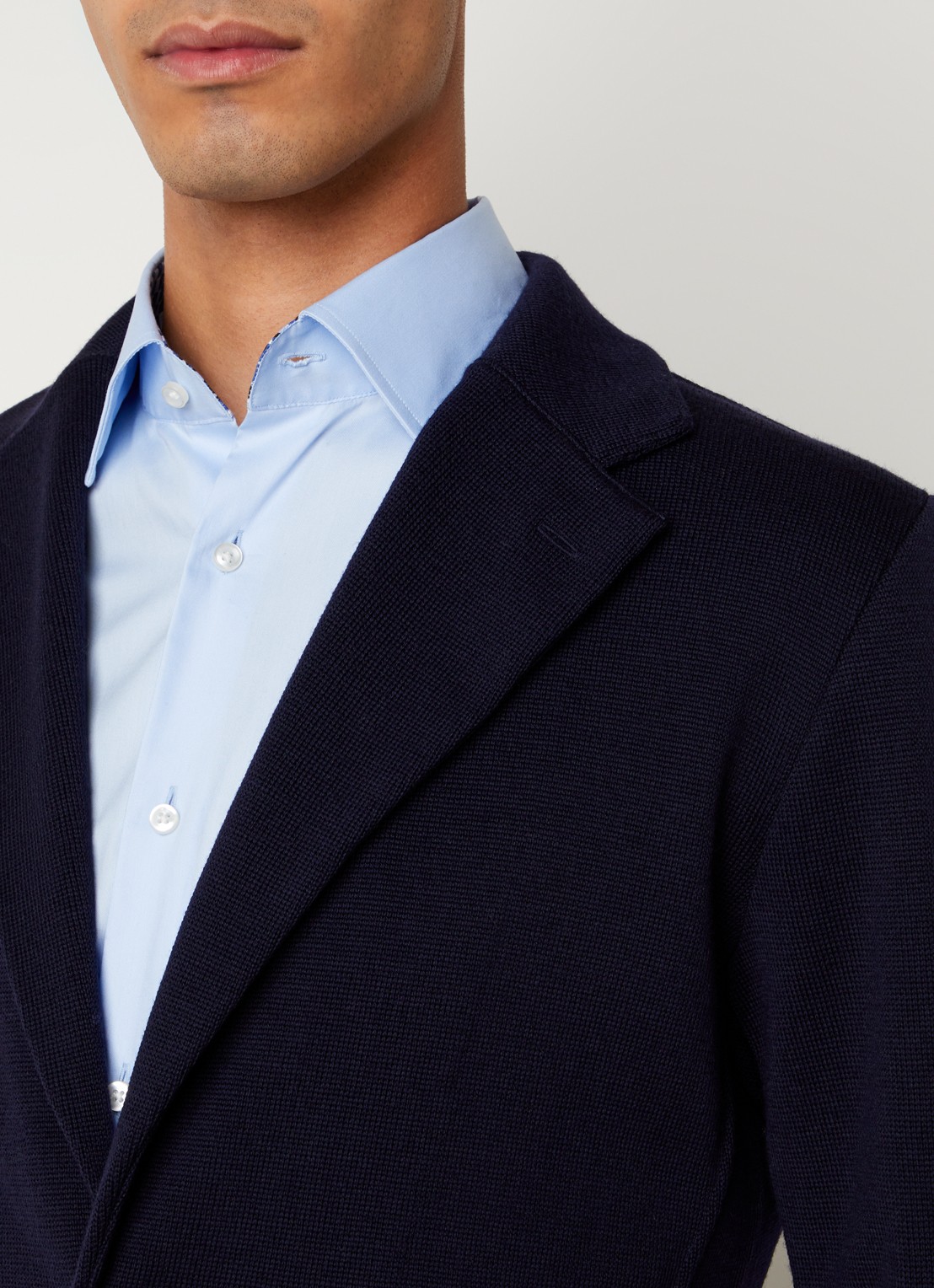 Lardini Fijngebreide slim fit colbert van wol met opgestikte zakken - detail 4 donkerblauw