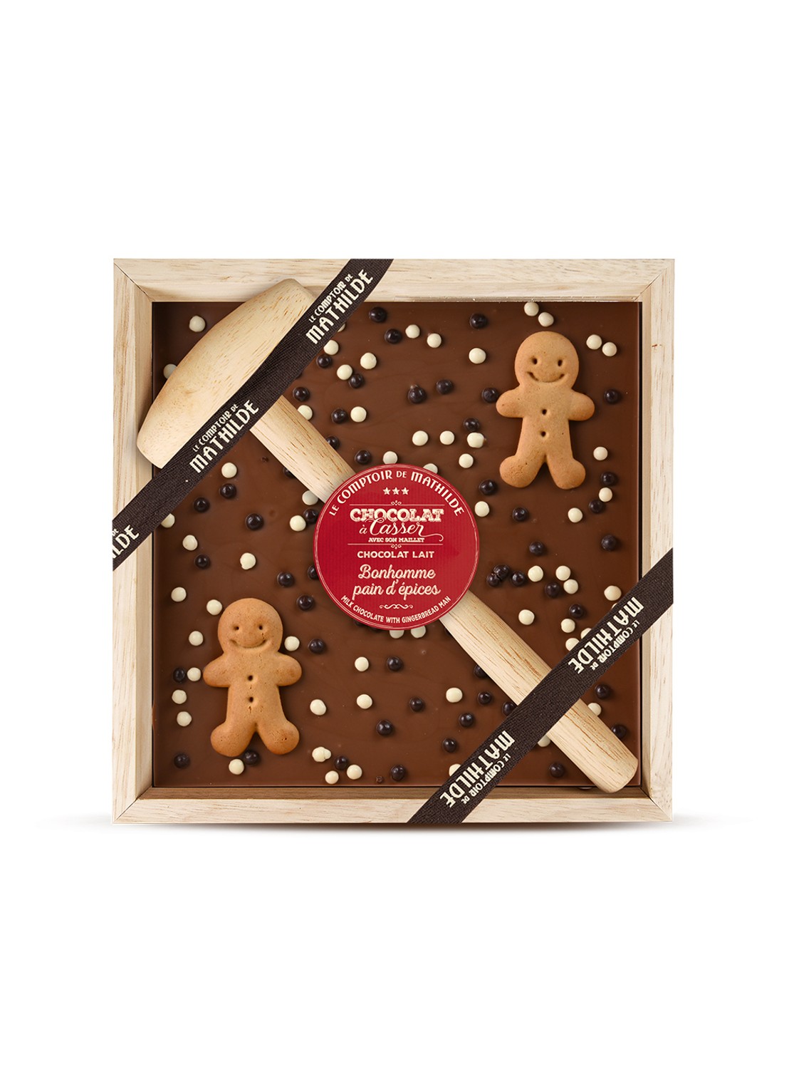 Le Comptoir de Mathilde Chocoladetablet met hamer in houten kistje 350 gram - voorkant undefined