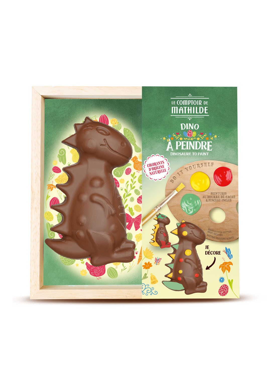Le Comptoir de Mathilde Dinosaurus mekchocolade om te schilderen in houten kistje 200 gram  - voorkant undefined