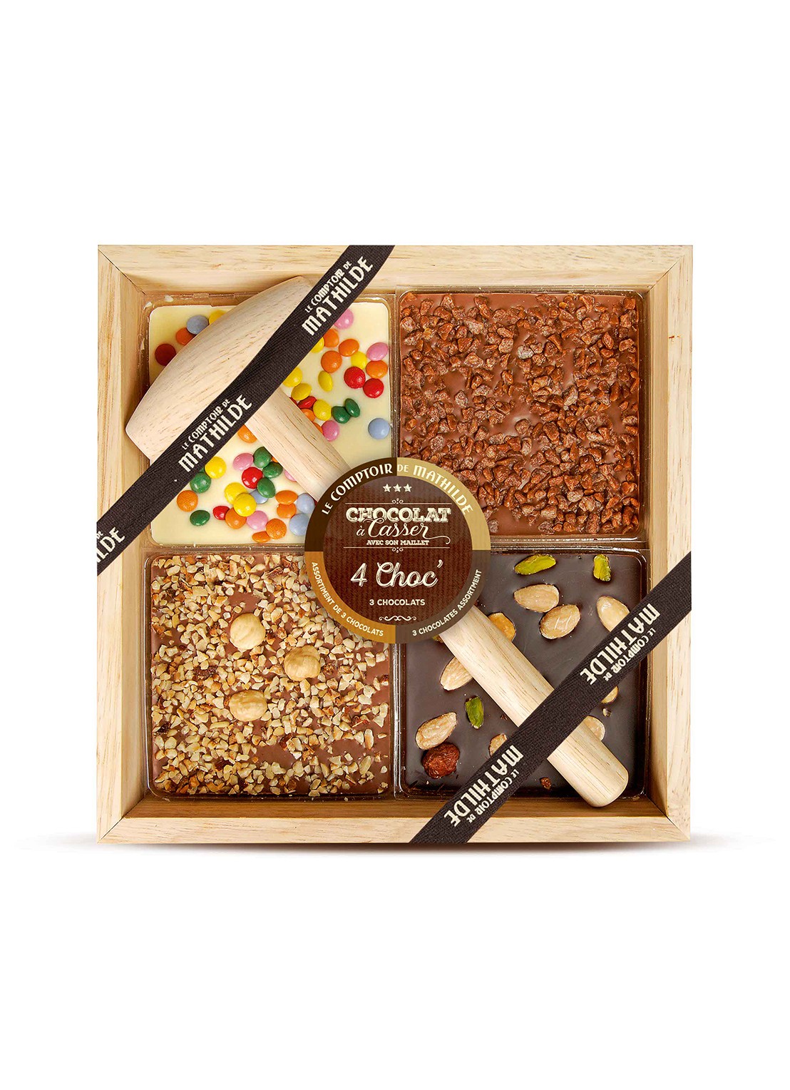 Le Comptoir de Mathilde Melk chocoladetablet met hamer in houten kistje 350 gram - voorkant undefined