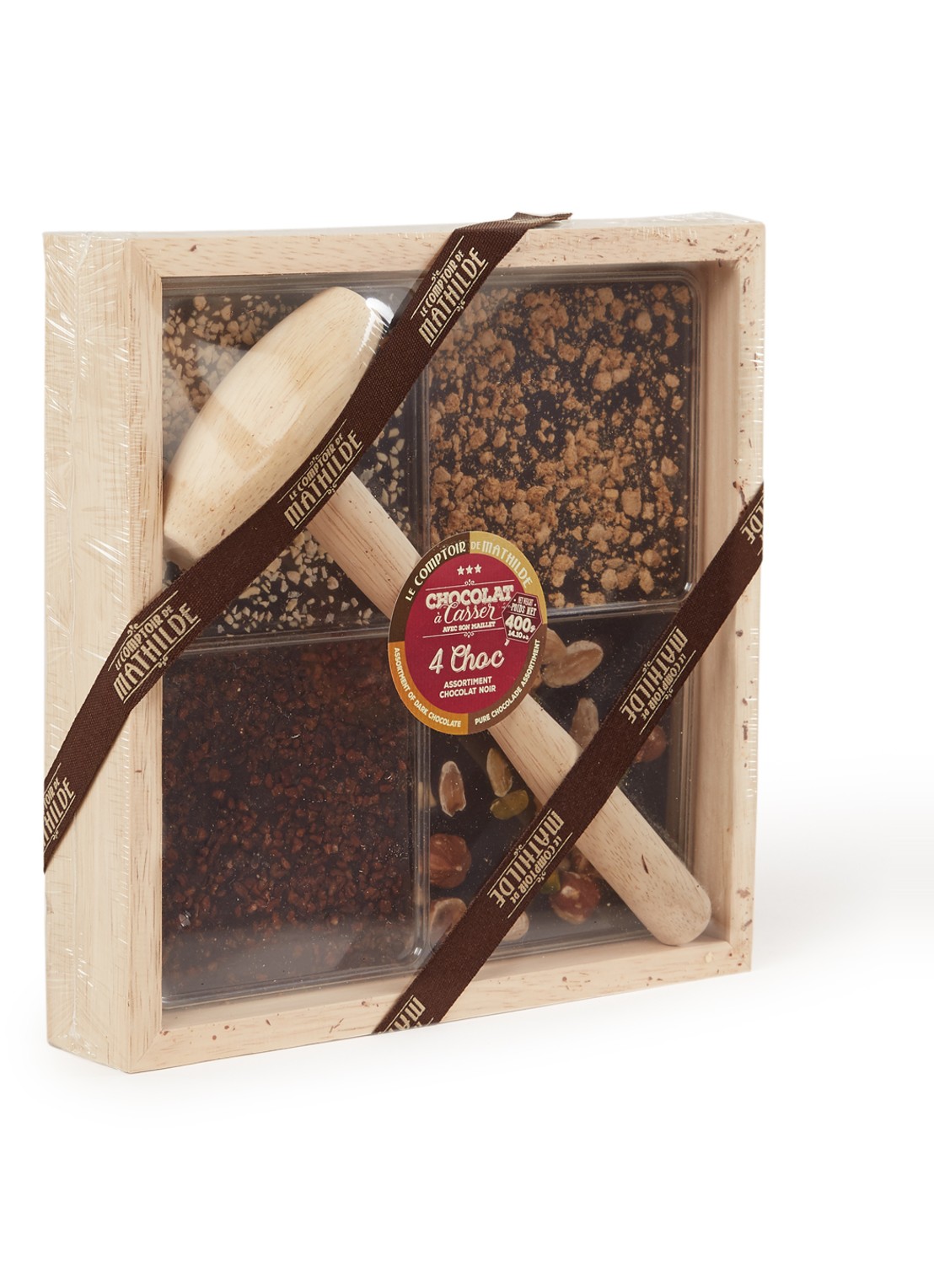 Le Comptoir de Mathilde Pure chocolade met speculaas, gedroogd fruit en nougat met hamer in houten kistje 400 gram - voorkant undefined