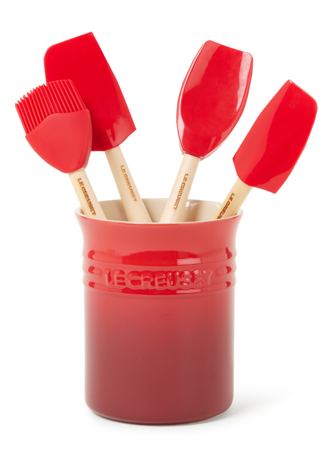 Le Creuset Lepelpot met 4 spatels - voorkant kersenrood / rood