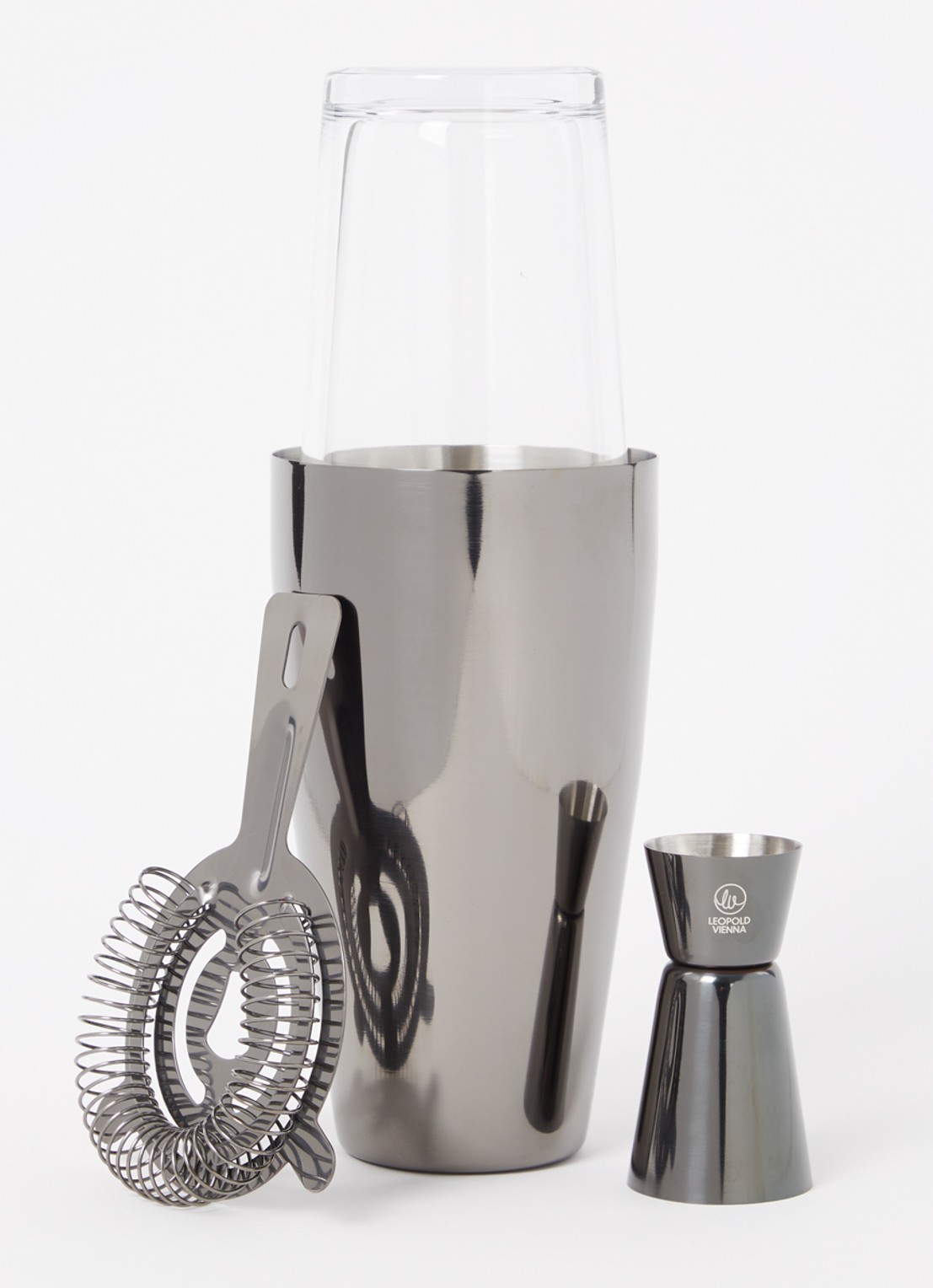 Leopold Vienna Boston cocktailshaker 45cl set 3-delig - voorkant 2 zwart
