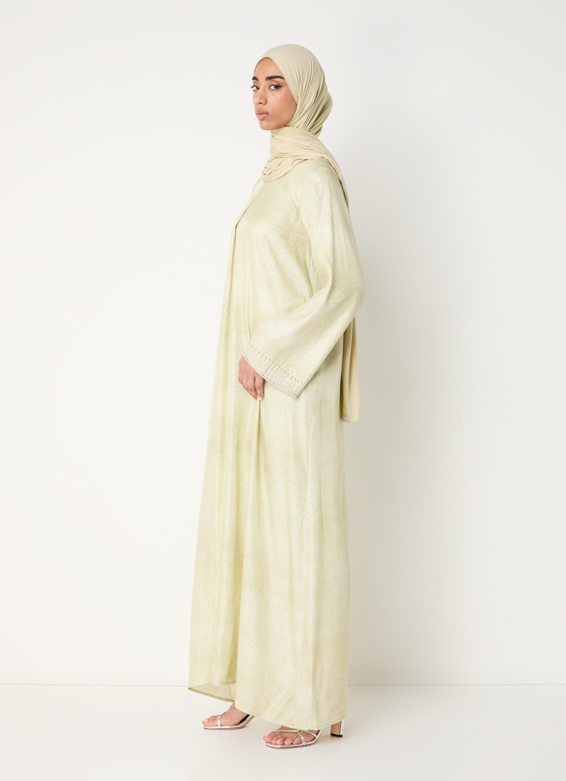 LES Atelier Aurelia maxi jurk met lurex en gemêleerd dessin - voorkant 3 lindegroen