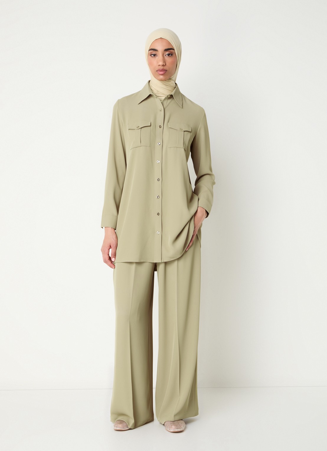 LES Atelier Mia high waist wide fit pantalon met stretch - voorkant 5 khaki
