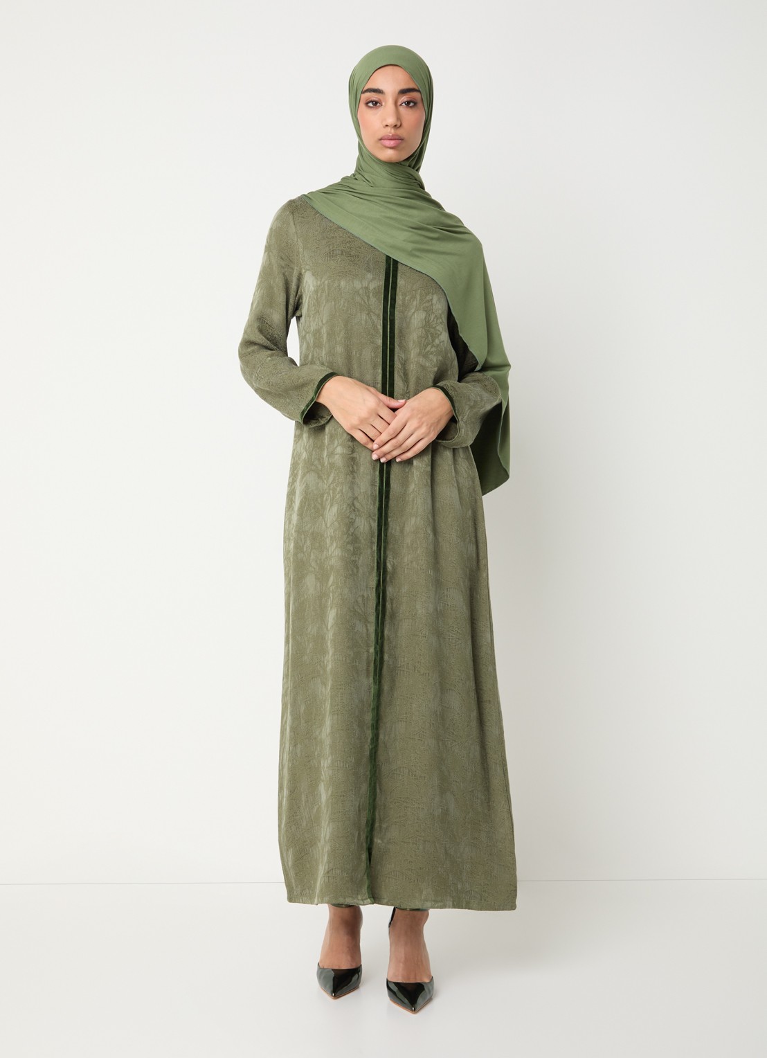 LES Atelier Rana maxi jurk met jacquard dessin - detail 3 bronsgroen