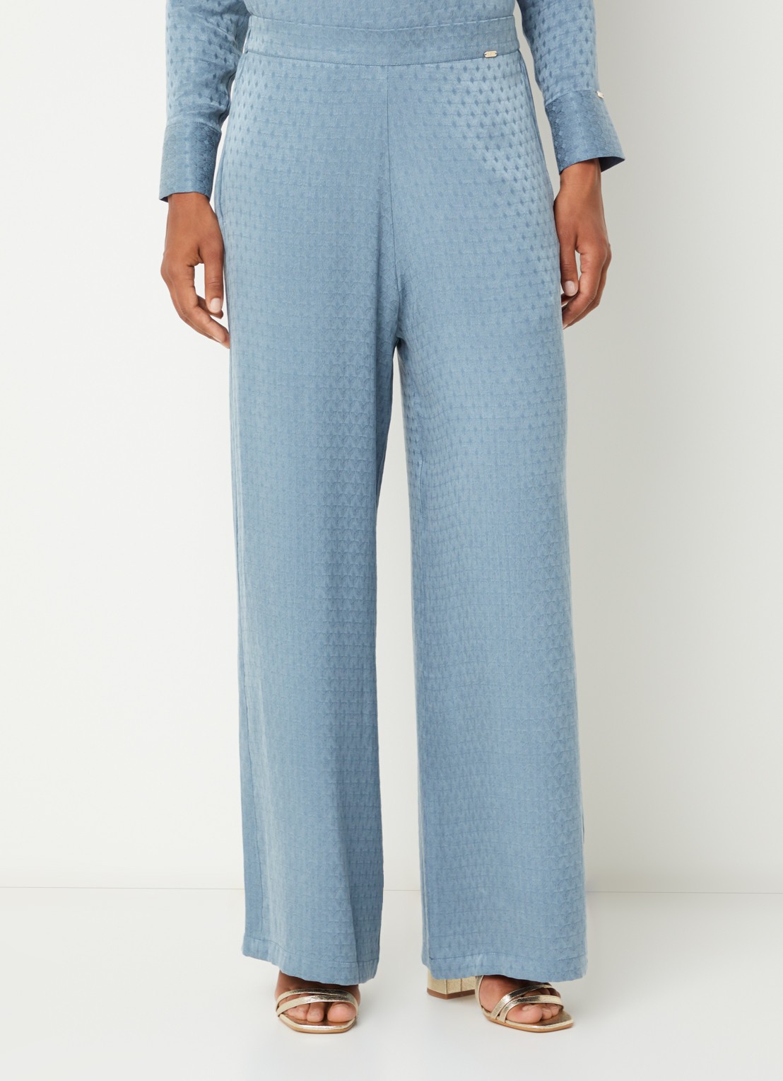 LES Atelier Sana high waist straight fit broek met structuur - detail 3 staalblauw