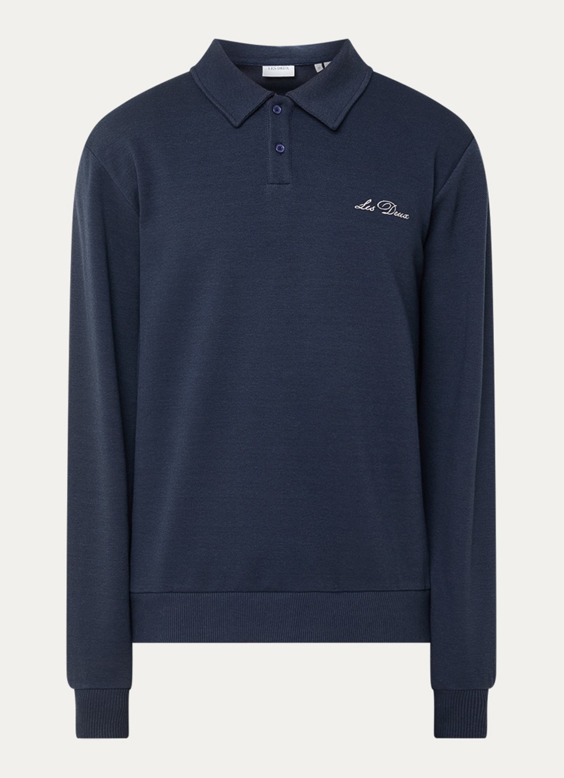 Les Deux Ben sweater met polokraag en logoborduring - voorkant donkerblauw