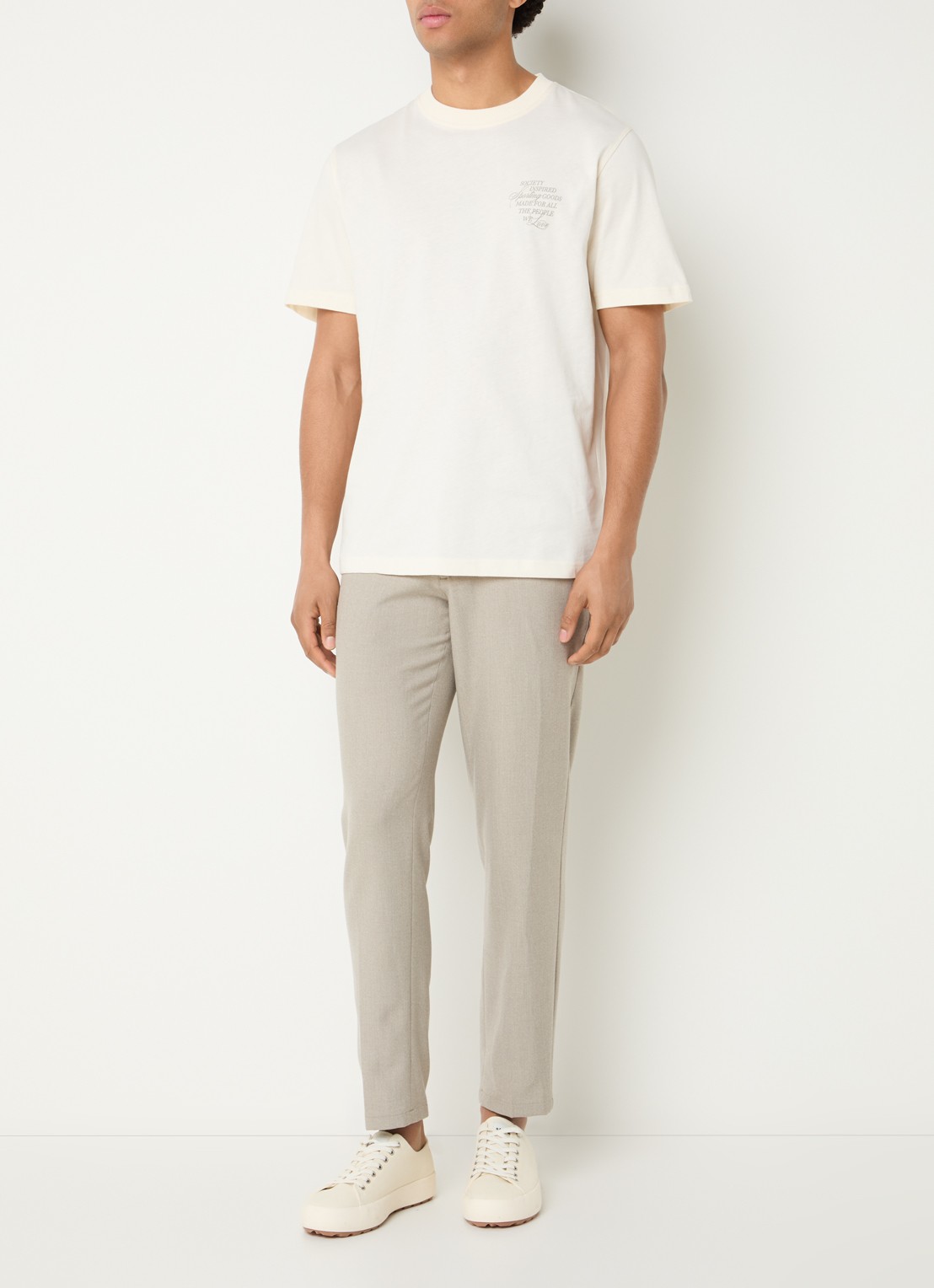 Les Deux Ben T-shirt met logo- en backprint - voorkant 2 gebroken wit