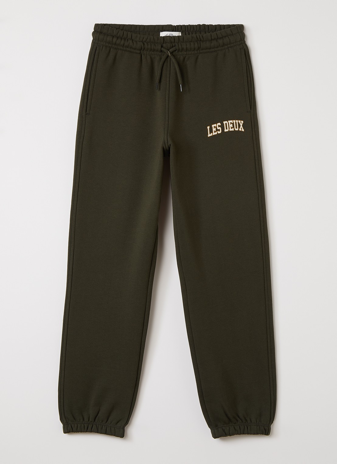 Les Deux College tapered joggingbroek met logo - voorkant 3 legergroen
