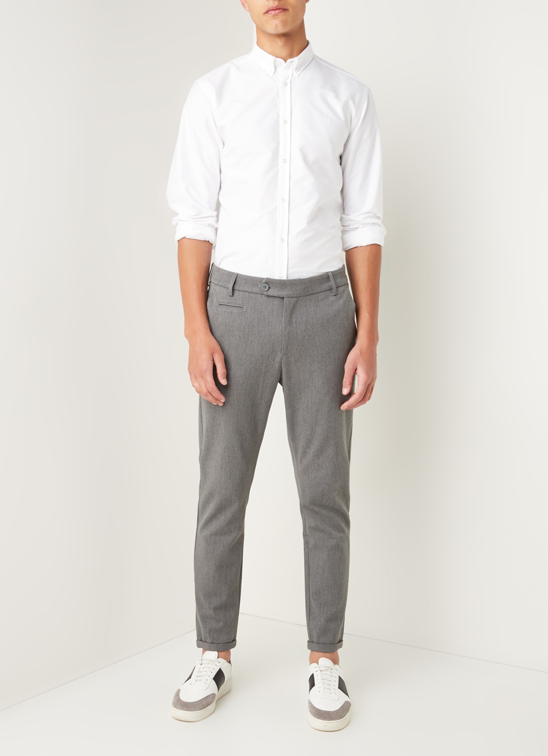 Les Deux Como slim fit pantalon met stretch - voorkant 2 middengrijs